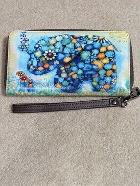 Wallet Wristlet Large Full Zip Multiple Pockets Elephant Blue Faux Leather